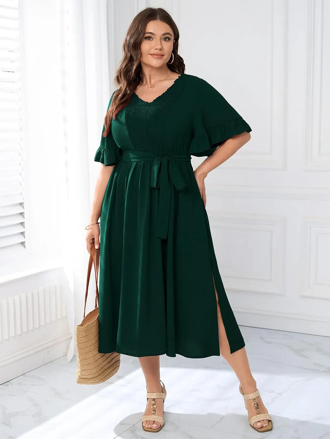 SCOMCHIC Plus Size Formal Dress Smocked V Neck Short Ruffle Sleeve Split Flowy Summer Cocktail Dresses for Wedding Guest