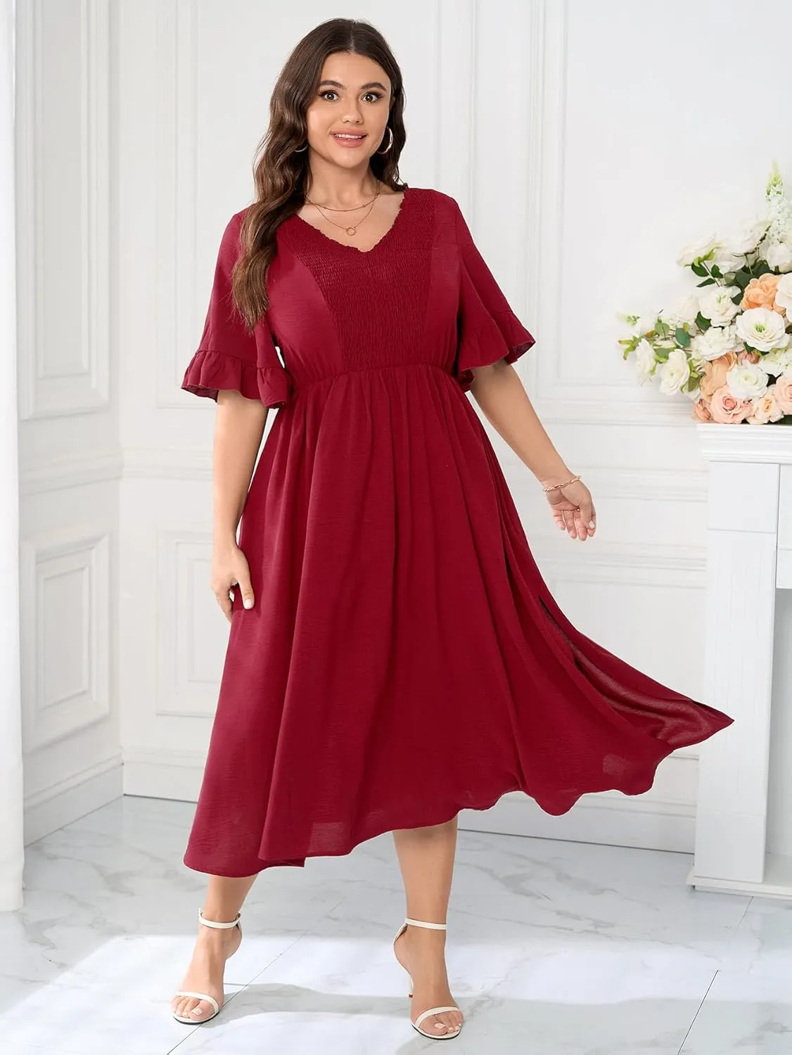 SCOMCHIC Plus Size Formal Dress Smocked V Neck Short Ruffle Sleeve Split Flowy Summer Cocktail Dresses for Wedding Guest