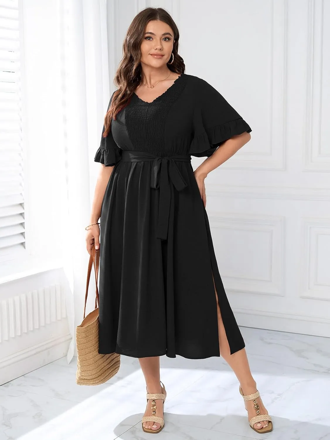 SCOMCHIC Plus Size Formal Dress Smocked V Neck Short Ruffle Sleeve Split Flowy Summer Cocktail Dresses for Wedding Guest