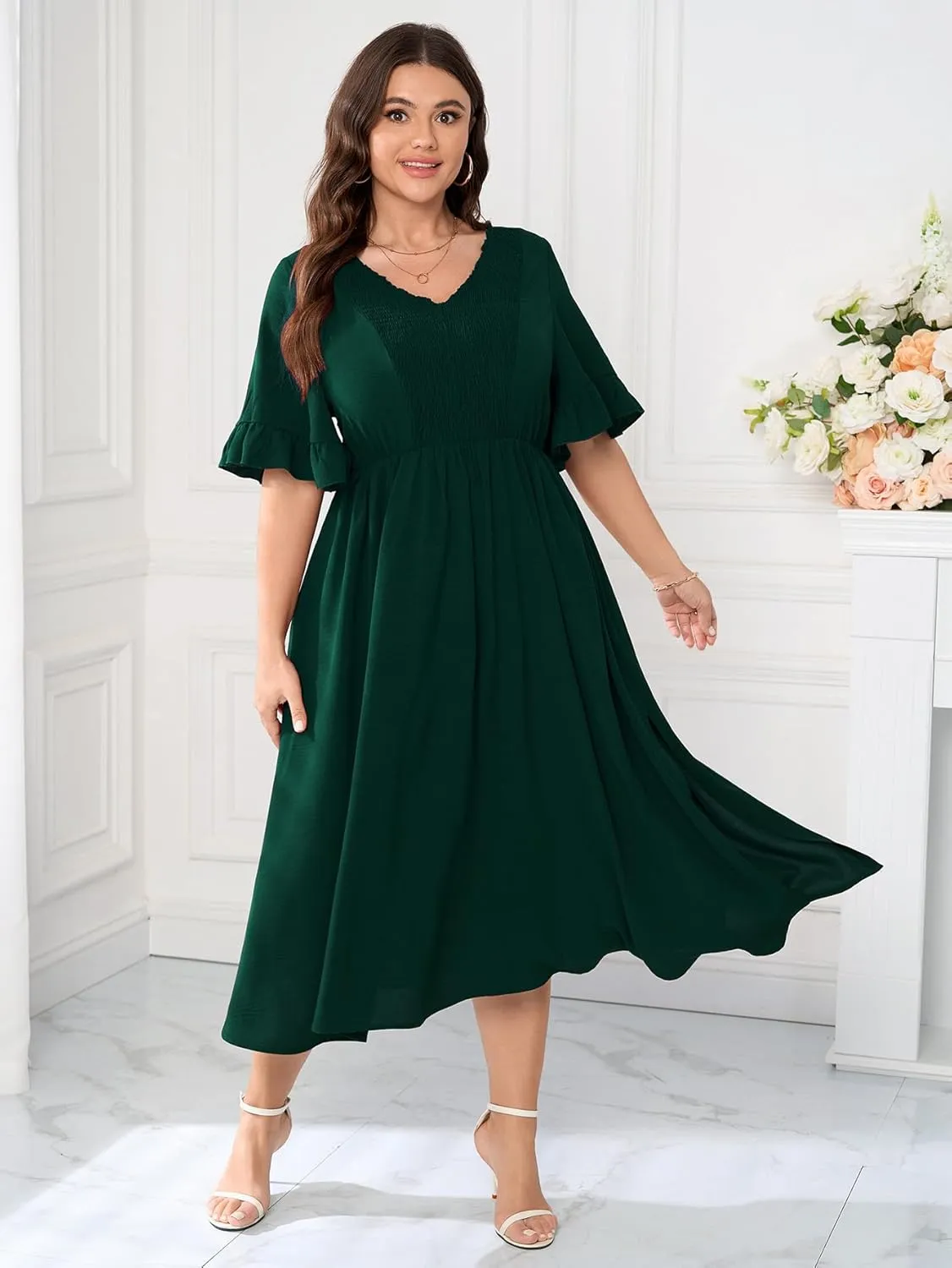 SCOMCHIC Plus Size Formal Dress Smocked V Neck Short Ruffle Sleeve Split Flowy Summer Cocktail Dresses for Wedding Guest