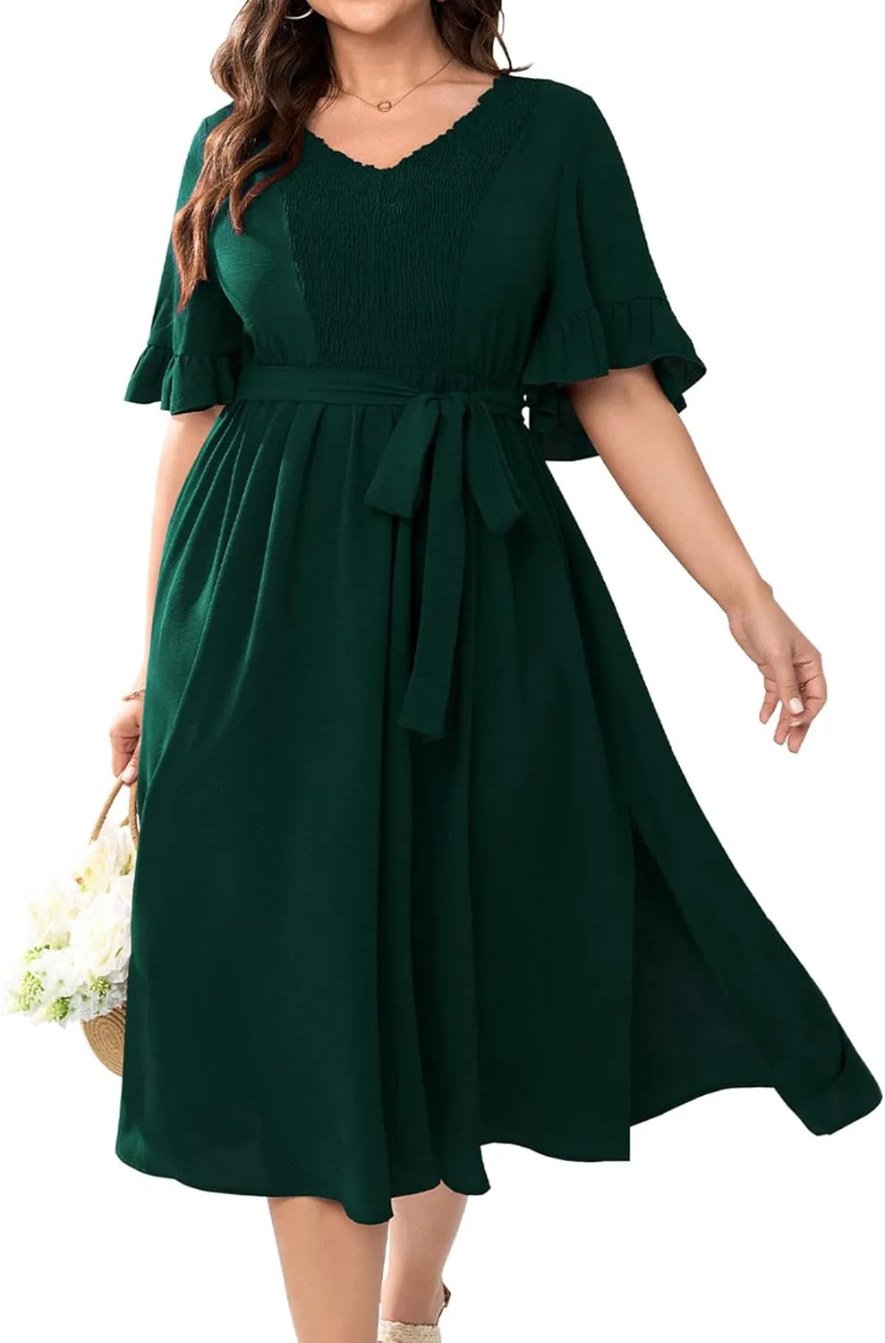 SCOMCHIC Plus Size Formal Dress Smocked V Neck Short Ruffle Sleeve Split Flowy Summer Cocktail Dresses for Wedding Guest