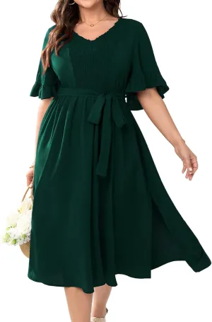 SCOMCHIC Plus Size Formal Dress Smocked V Neck Short Ruffle Sleeve Split Flowy Summer Cocktail Dresses for Wedding Guest