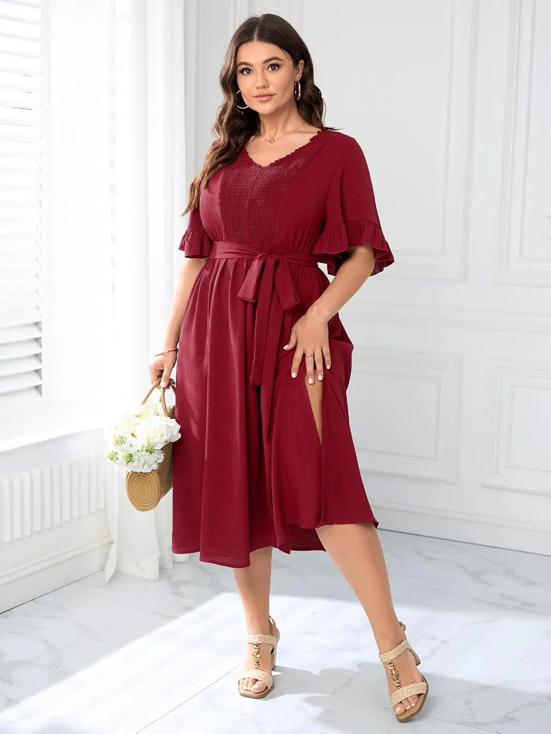 SCOMCHIC Plus Size Formal Dress Smocked V Neck Short Ruffle Sleeve Split Flowy Summer Cocktail Dresses for Wedding Guest
