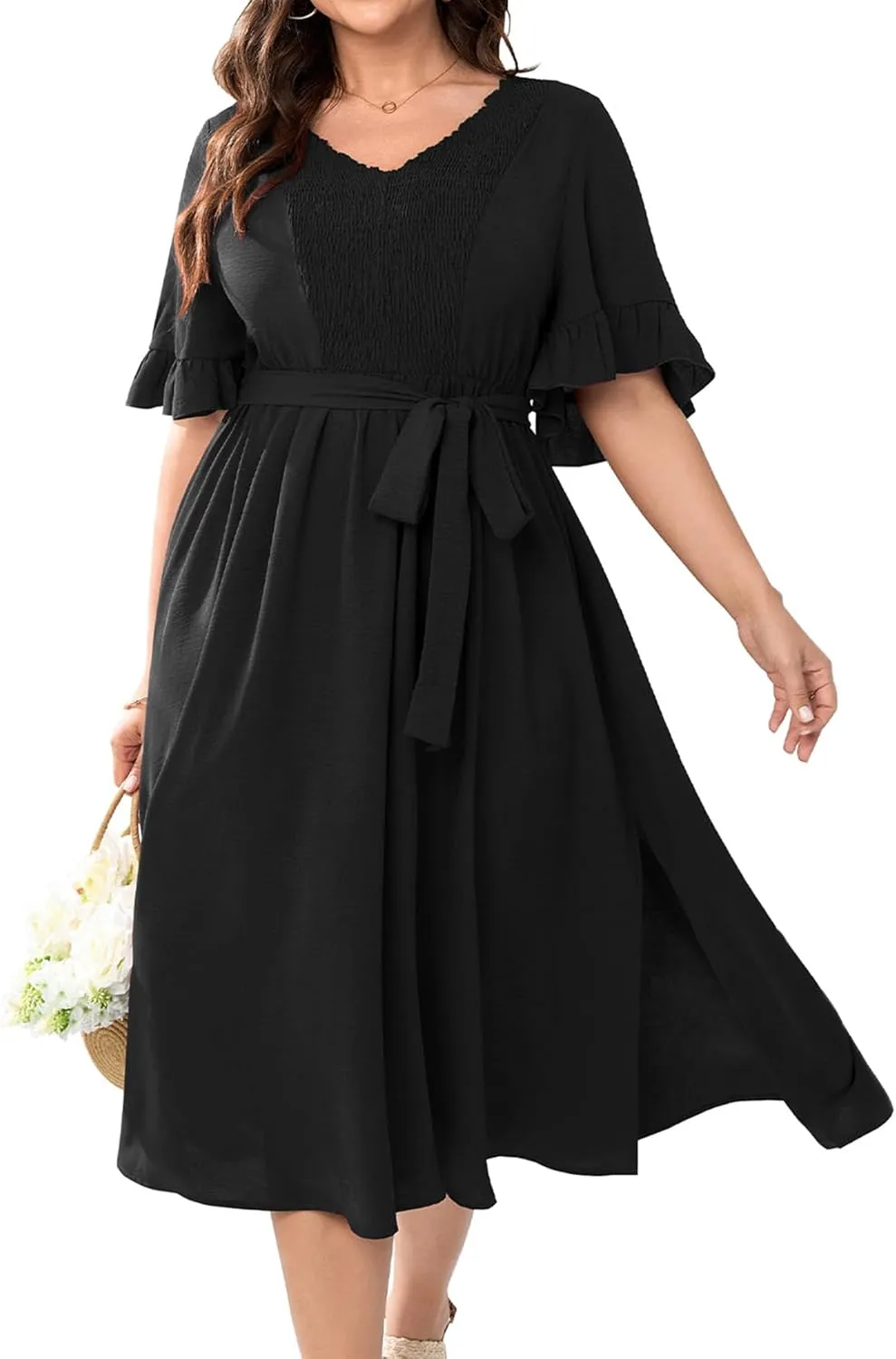 SCOMCHIC Plus Size Formal Dress Smocked V Neck Short Ruffle Sleeve Split Flowy Summer Cocktail Dresses for Wedding Guest
