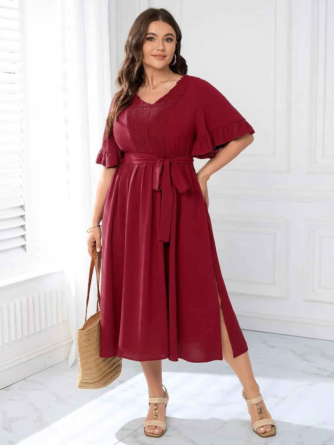 SCOMCHIC Plus Size Formal Dress Smocked V Neck Short Ruffle Sleeve Split Flowy Summer Cocktail Dresses for Wedding Guest