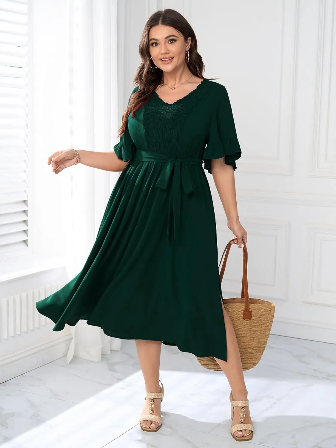 SCOMCHIC Plus Size Formal Dress Smocked V Neck Short Ruffle Sleeve Split Flowy Summer Cocktail Dresses for Wedding Guest