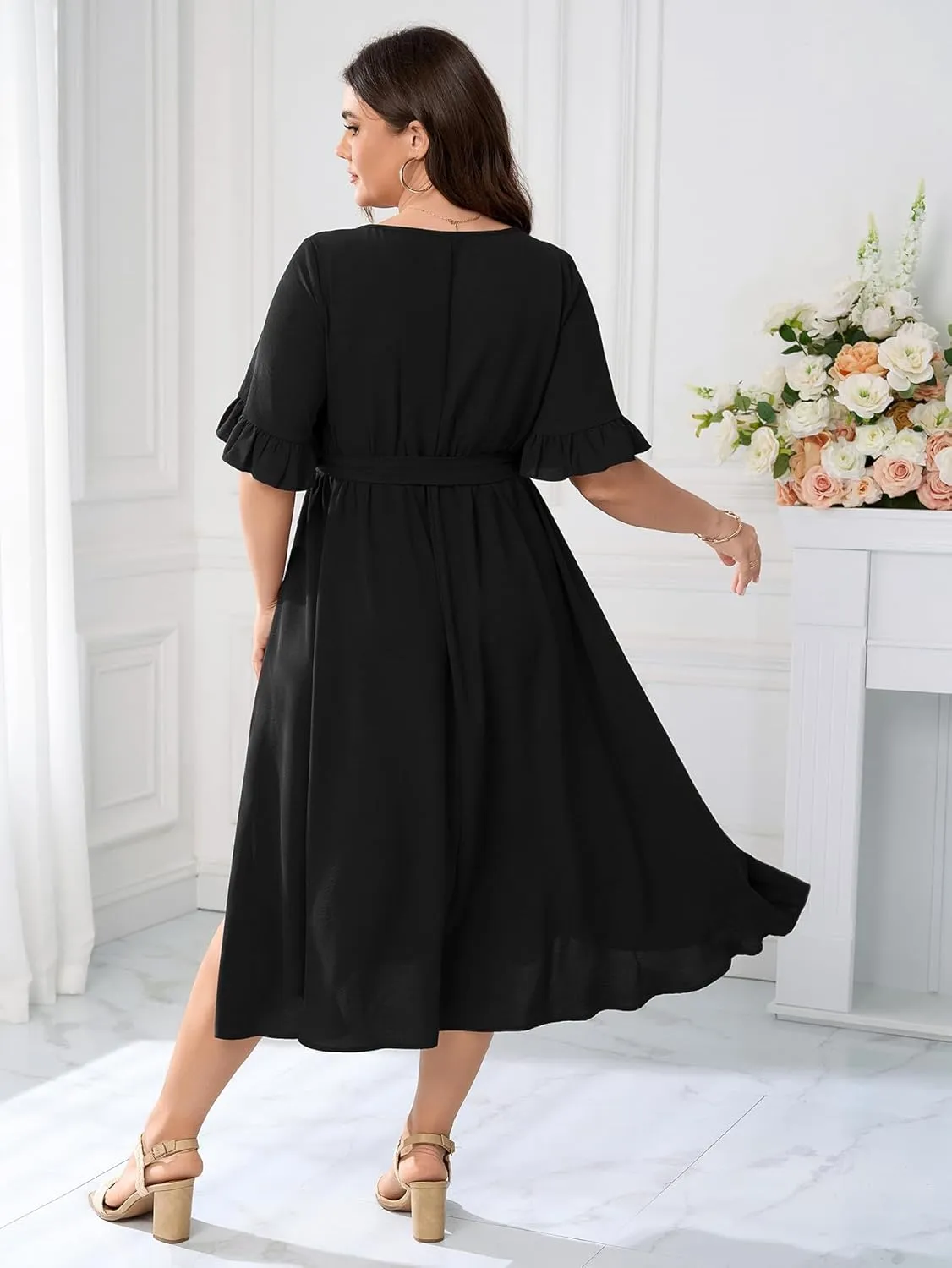 SCOMCHIC Plus Size Formal Dress Smocked V Neck Short Ruffle Sleeve Split Flowy Summer Cocktail Dresses for Wedding Guest