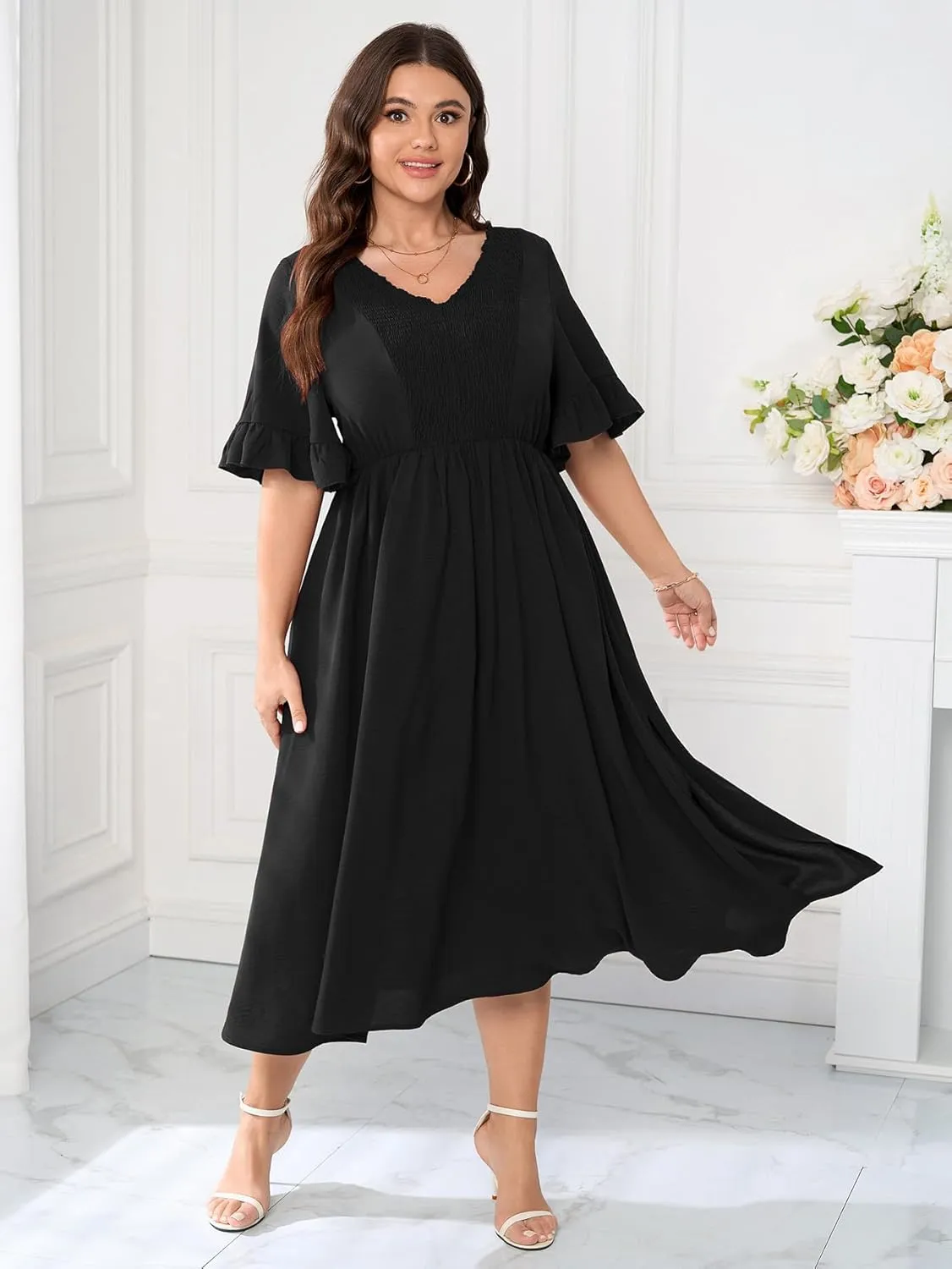 SCOMCHIC Plus Size Formal Dress Smocked V Neck Short Ruffle Sleeve Split Flowy Summer Cocktail Dresses for Wedding Guest