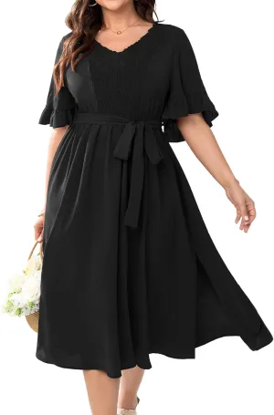 SCOMCHIC Plus Size Formal Dress Smocked V Neck Short Ruffle Sleeve Split Flowy Summer Cocktail Dresses for Wedding Guest