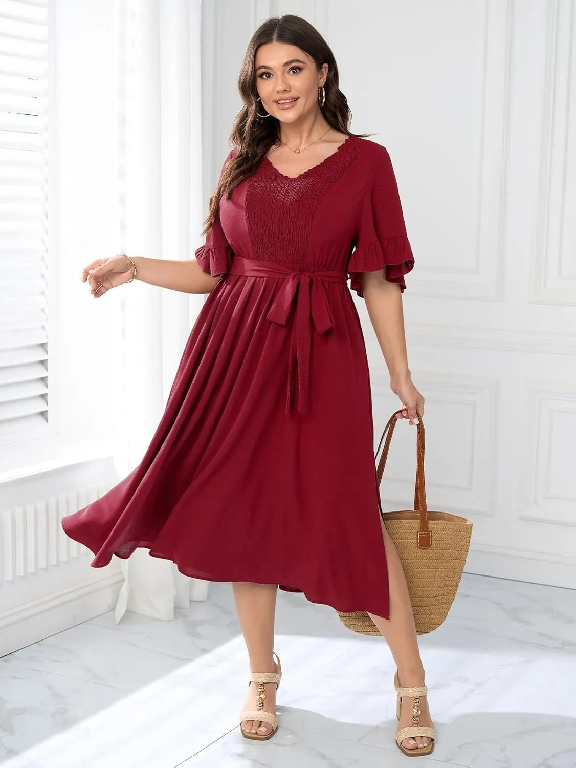 SCOMCHIC Plus Size Formal Dress Smocked V Neck Short Ruffle Sleeve Split Flowy Summer Cocktail Dresses for Wedding Guest