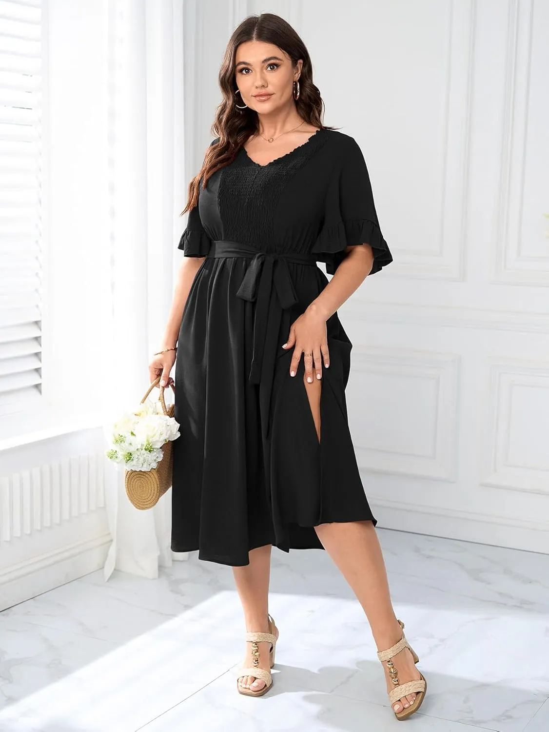 SCOMCHIC Plus Size Formal Dress Smocked V Neck Short Ruffle Sleeve Split Flowy Summer Cocktail Dresses for Wedding Guest