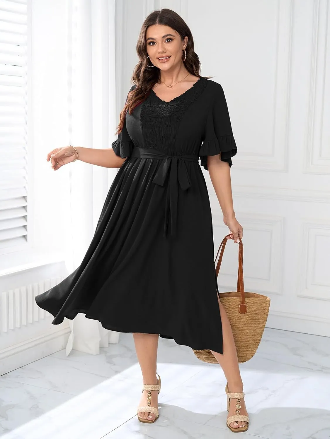 SCOMCHIC Plus Size Formal Dress Smocked V Neck Short Ruffle Sleeve Split Flowy Summer Cocktail Dresses for Wedding Guest