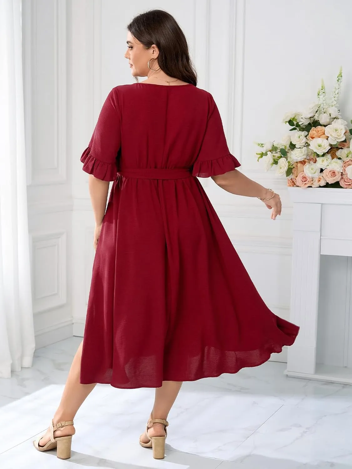 SCOMCHIC Plus Size Formal Dress Smocked V Neck Short Ruffle Sleeve Split Flowy Summer Cocktail Dresses for Wedding Guest
