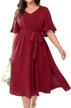 SCOMCHIC Plus Size Formal Dress Smocked V Neck Short Ruffle Sleeve Split Flowy Summer Cocktail Dresses for Wedding Guest