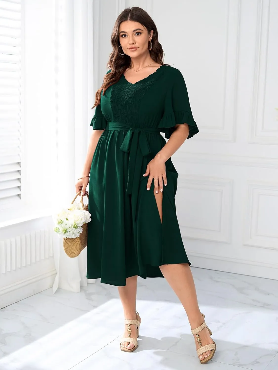 SCOMCHIC Plus Size Formal Dress Smocked V Neck Short Ruffle Sleeve Split Flowy Summer Cocktail Dresses for Wedding Guest