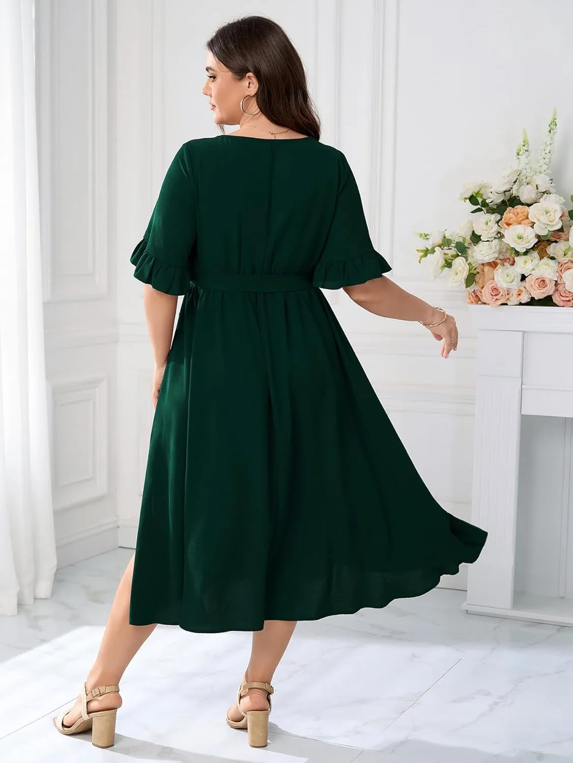 SCOMCHIC Plus Size Formal Dress Smocked V Neck Short Ruffle Sleeve Split Flowy Summer Cocktail Dresses for Wedding Guest
