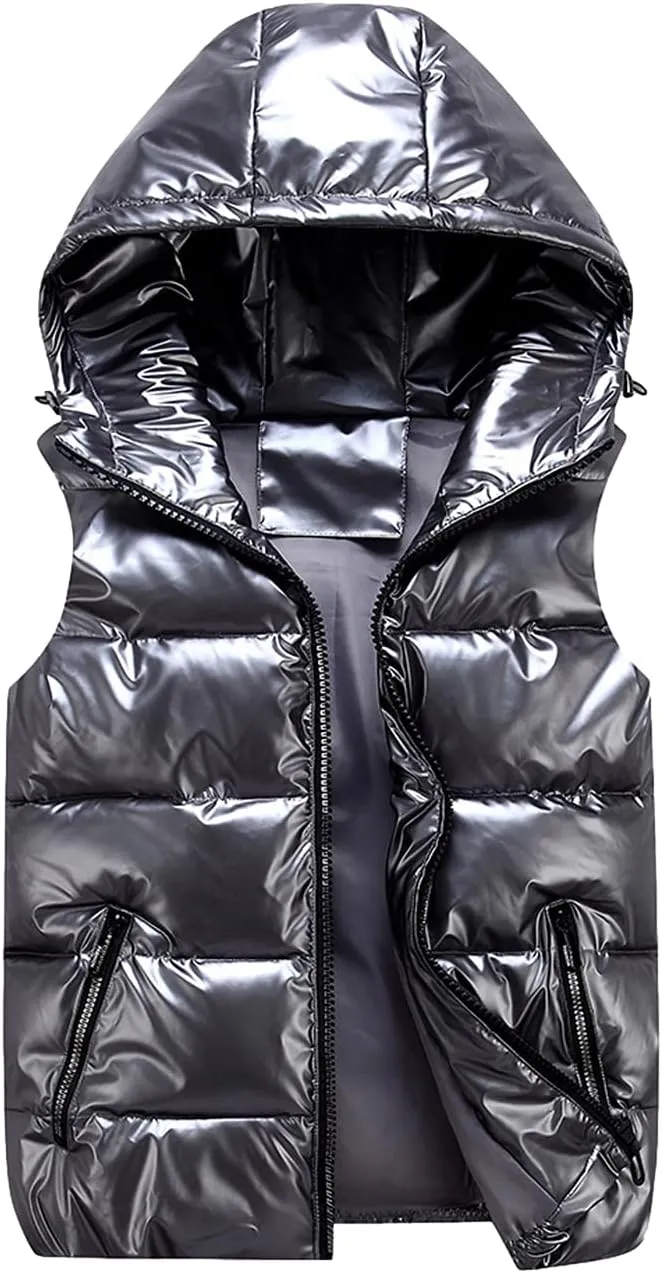 SeekMe Women's Hooded Shiny Insulated Puffer Vest Sleeveless Down Puffer Jacket