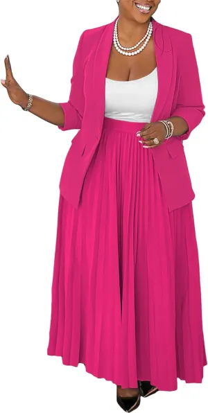 Seltaon 2 Piece Suit Sets for Women Long Sleeve Open Front Blazer and Pleated Maxi Skirts Set Outfits Business Plus Size