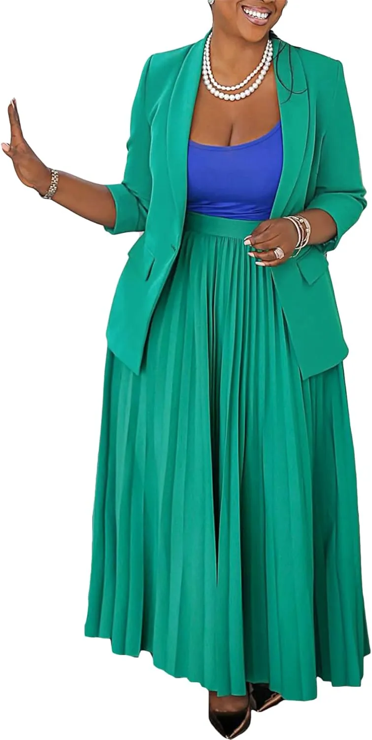 Seltaon 2 Piece Suit Sets for Women Long Sleeve Open Front Blazer and Pleated Maxi Skirts Set Outfits Business Plus Size
