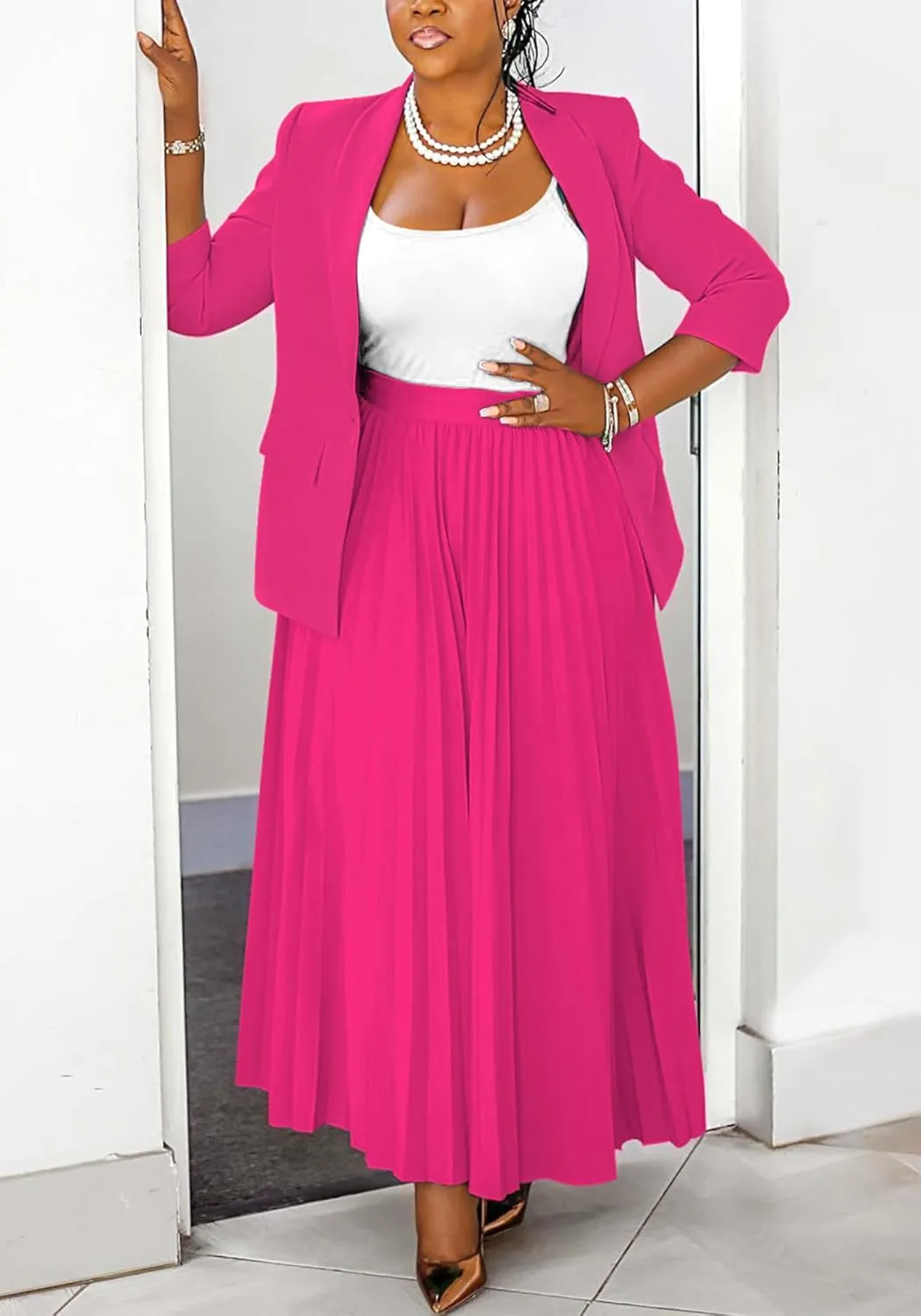 Seltaon 2 Piece Suit Sets for Women Long Sleeve Open Front Blazer and Pleated Maxi Skirts Set Outfits Business Plus Size