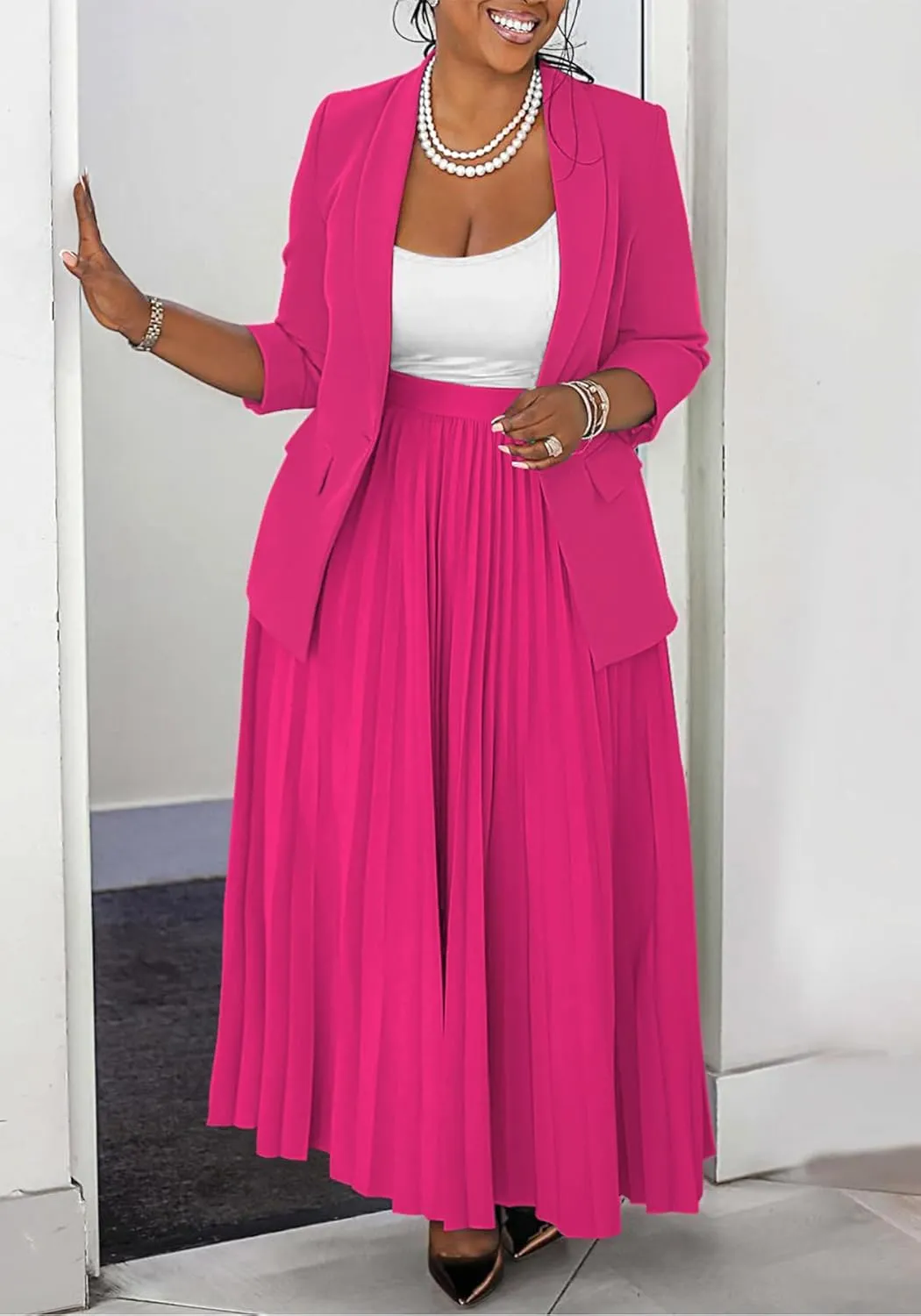 Seltaon 2 Piece Suit Sets for Women Long Sleeve Open Front Blazer and Pleated Maxi Skirts Set Outfits Business Plus Size