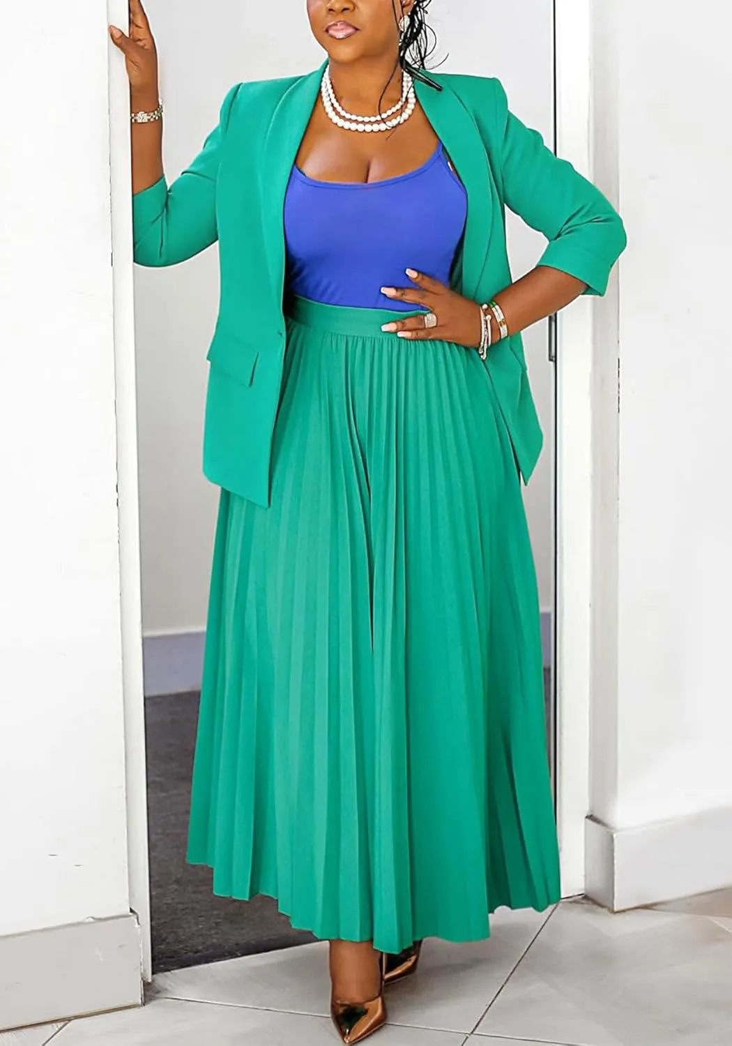 Seltaon 2 Piece Suit Sets for Women Long Sleeve Open Front Blazer and Pleated Maxi Skirts Set Outfits Business Plus Size