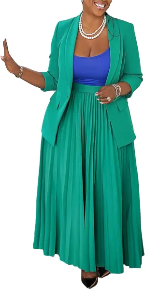 Seltaon 2 Piece Suit Sets for Women Long Sleeve Open Front Blazer and Pleated Maxi Skirts Set Outfits Business Plus Size