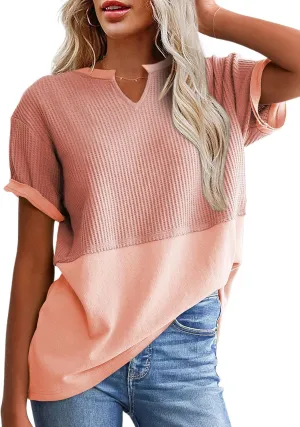 SHEWIN Womens Casual V Neck Waffle Knit Tops Short Sleeve T Shirts Loose Blouses