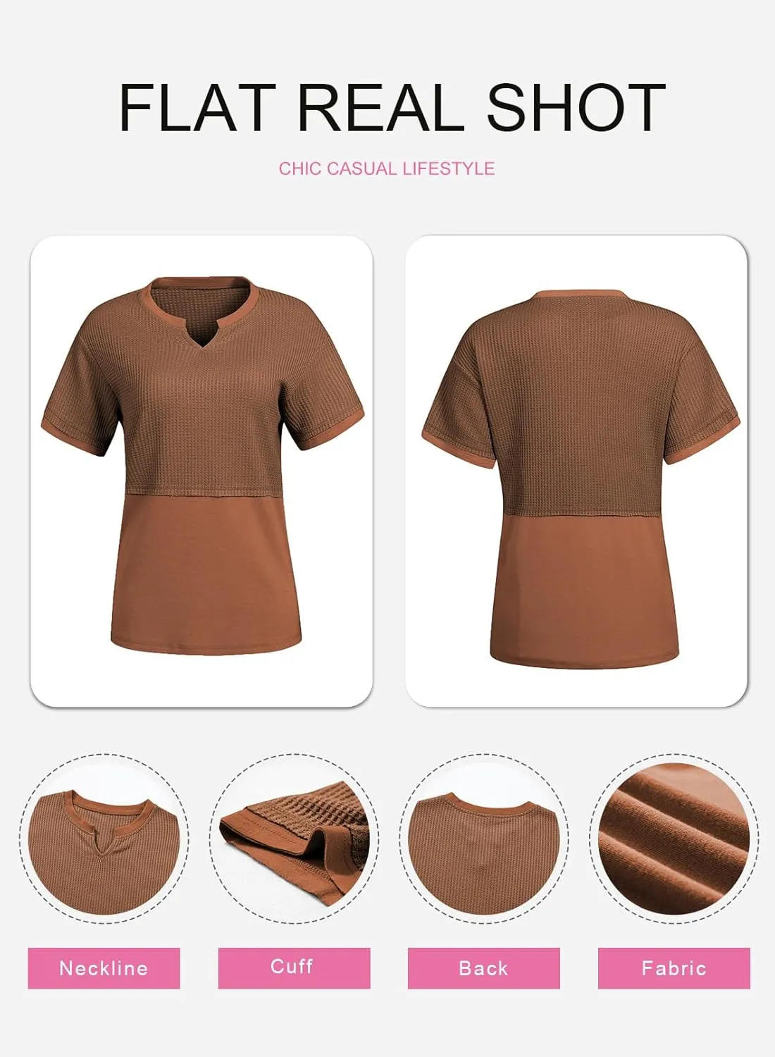 SHEWIN Womens Casual V Neck Waffle Knit Tops Short Sleeve T Shirts Loose Blouses