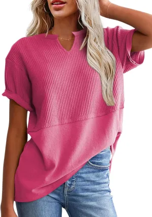 SHEWIN Womens Casual V Neck Waffle Knit Tops Short Sleeve T Shirts Loose Blouses