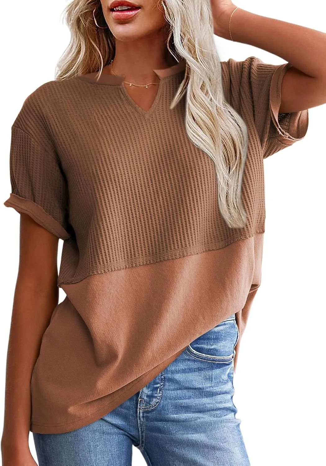 SHEWIN Womens Casual V Neck Waffle Knit Tops Short Sleeve T Shirts Loose Blouses