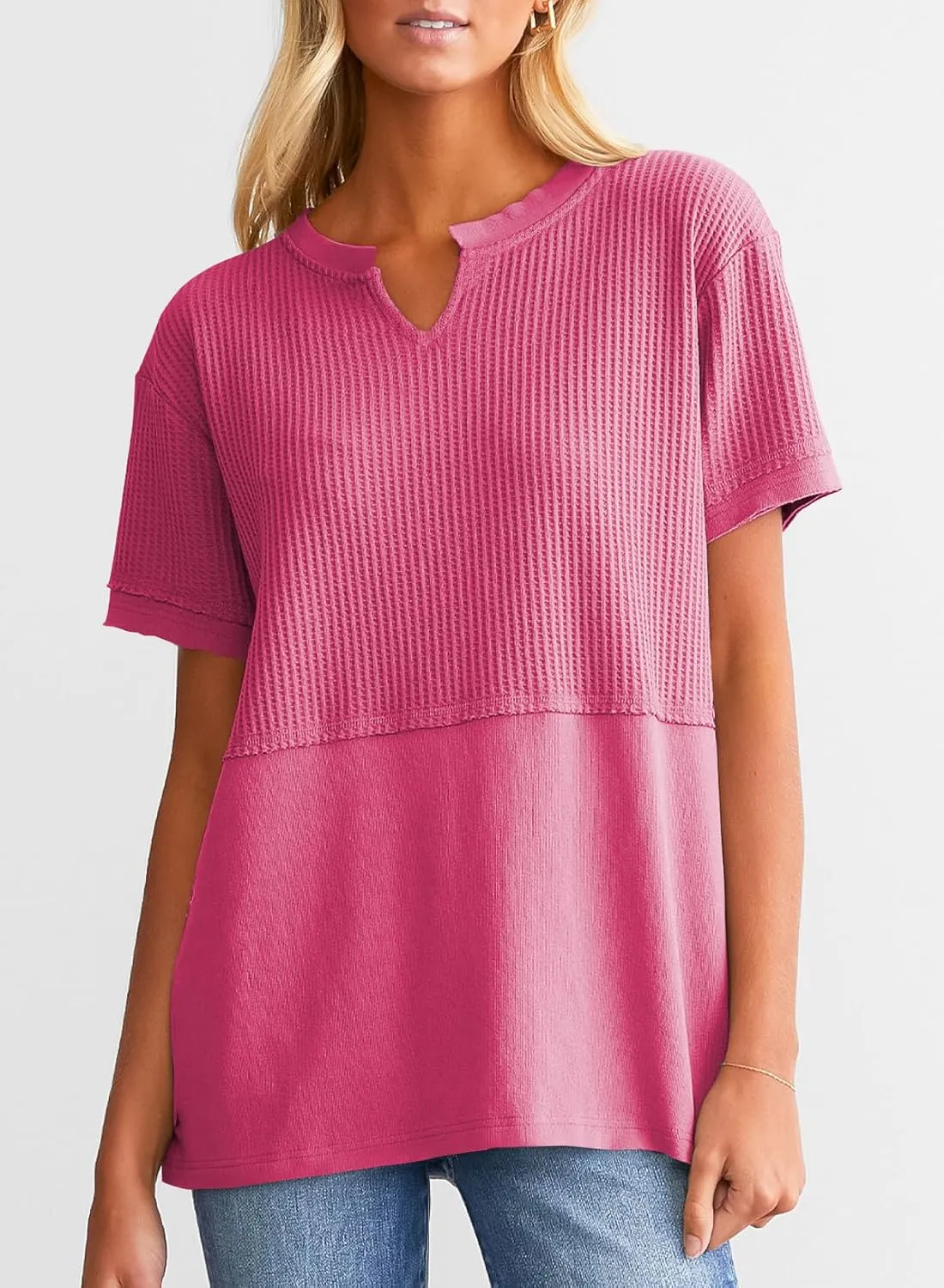 SHEWIN Womens Casual V Neck Waffle Knit Tops Short Sleeve T Shirts Loose Blouses