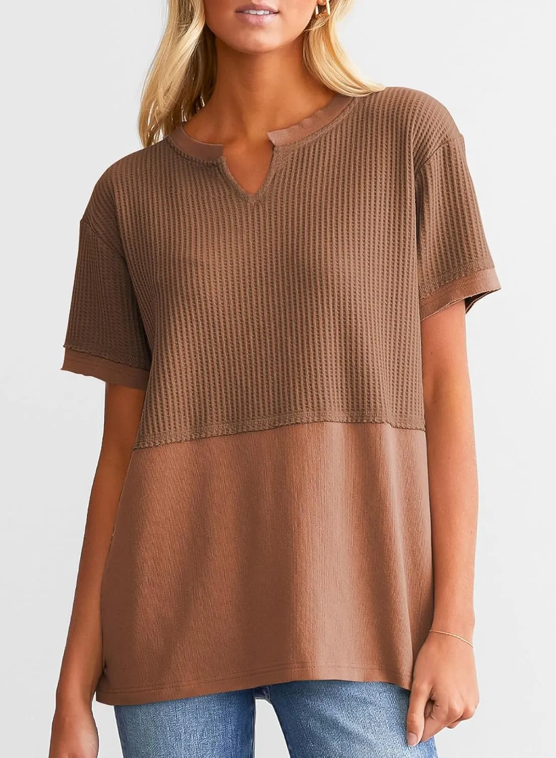 SHEWIN Womens Casual V Neck Waffle Knit Tops Short Sleeve T Shirts Loose Blouses