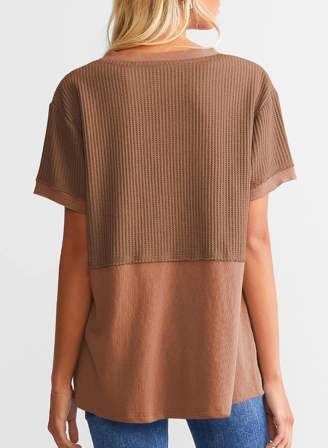 SHEWIN Womens Casual V Neck Waffle Knit Tops Short Sleeve T Shirts Loose Blouses