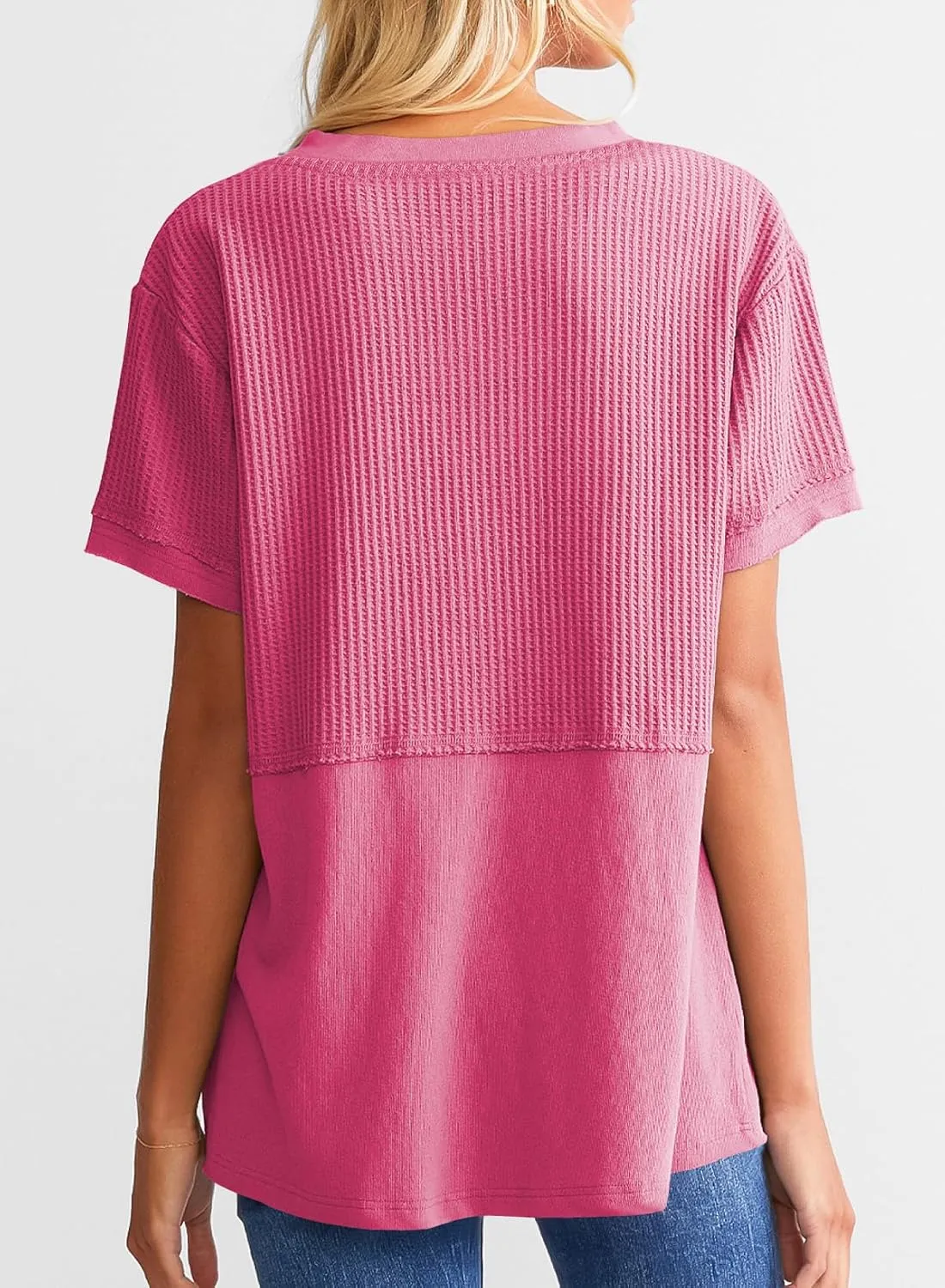 SHEWIN Womens Casual V Neck Waffle Knit Tops Short Sleeve T Shirts Loose Blouses