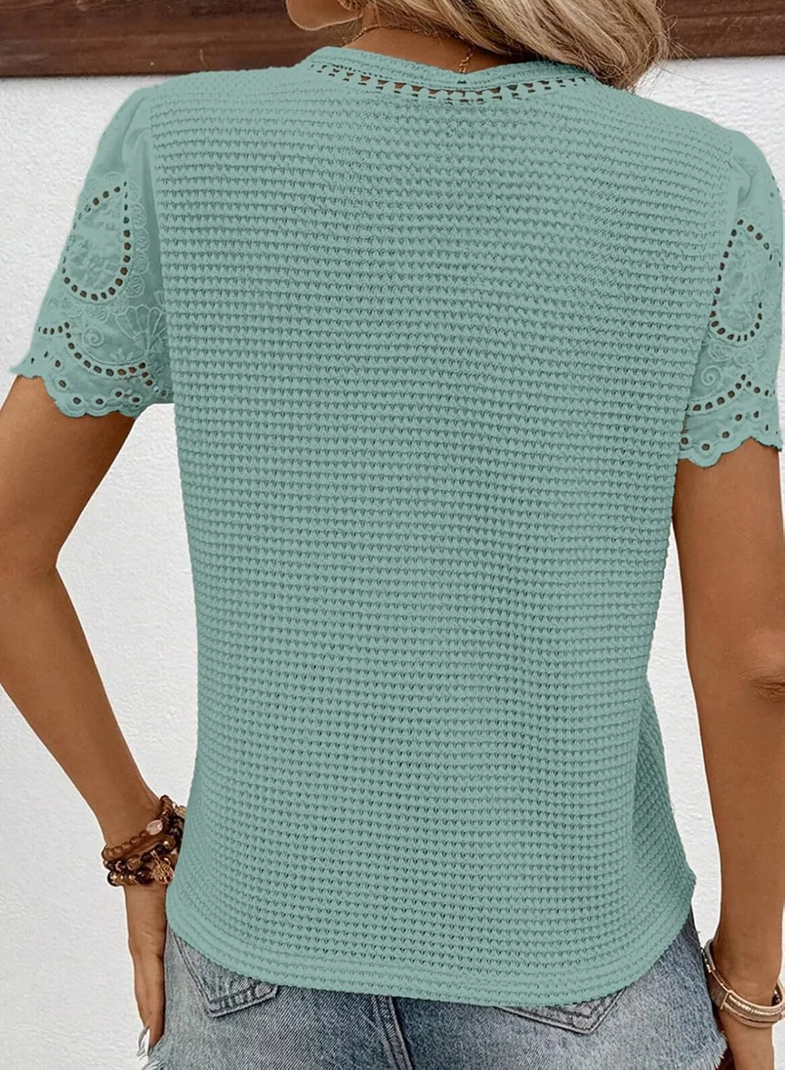 SHEWIN Womens Frenchy Summer Tops Crewneck Short Sleeve T Shirts Casual Waffle Knit Jacquard Blouses Top Shirts