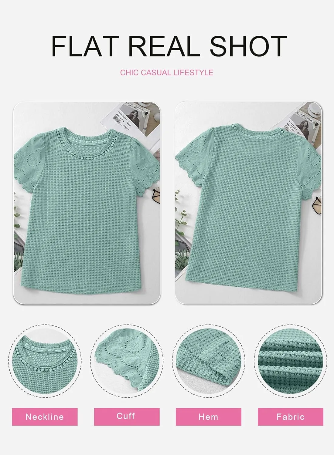 SHEWIN Womens Frenchy Summer Tops Crewneck Short Sleeve T Shirts Casual Waffle Knit Jacquard Blouses Top Shirts