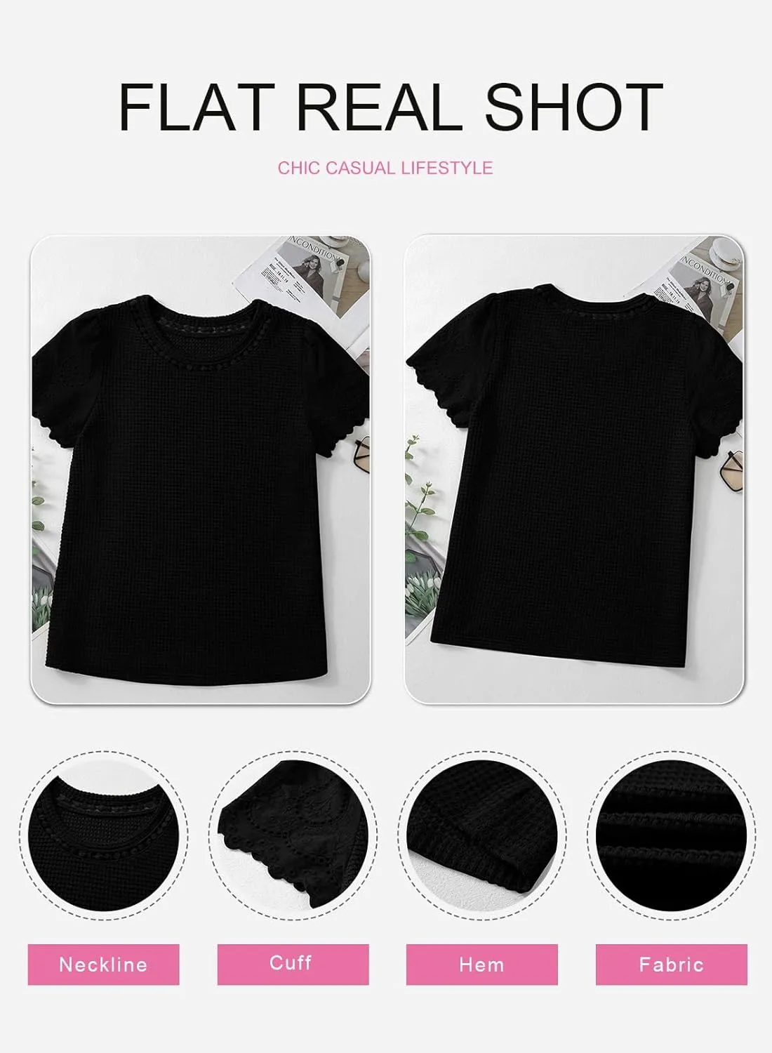 SHEWIN Womens Frenchy Summer Tops Crewneck Short Sleeve T Shirts Casual Waffle Knit Jacquard Blouses Top Shirts