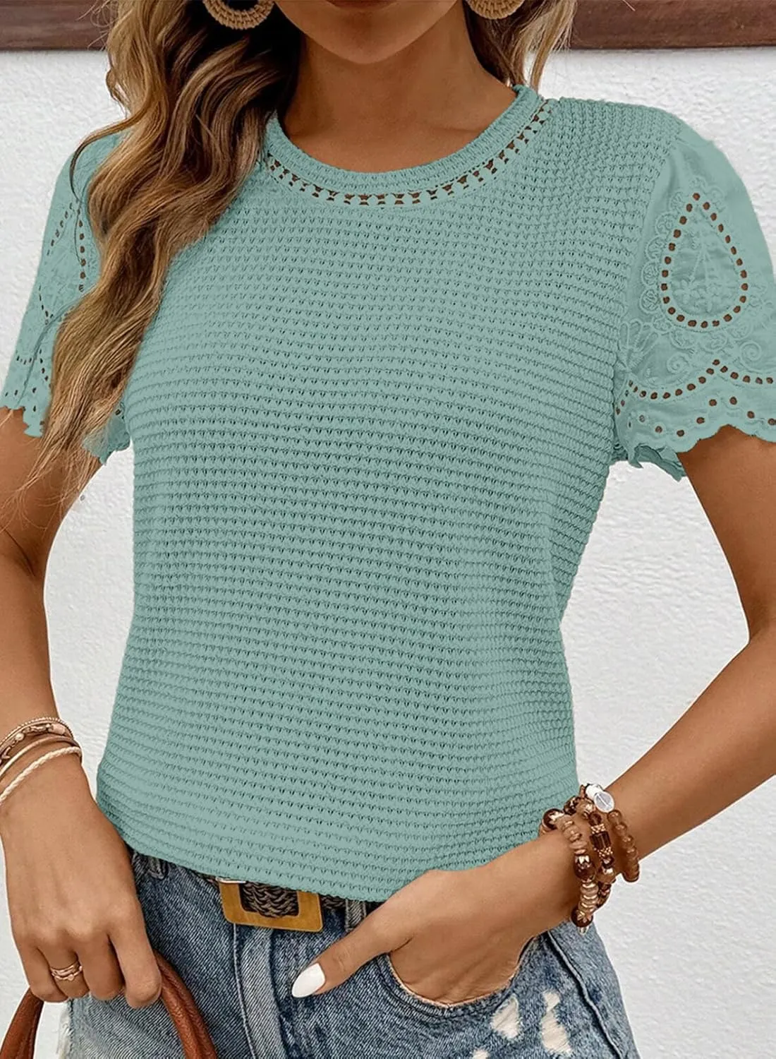 SHEWIN Womens Frenchy Summer Tops Crewneck Short Sleeve T Shirts Casual Waffle Knit Jacquard Blouses Top Shirts