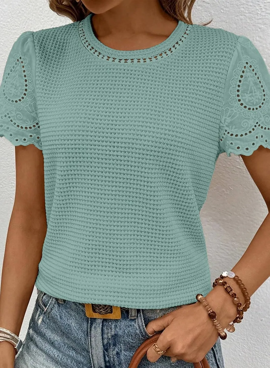 SHEWIN Womens Frenchy Summer Tops Crewneck Short Sleeve T Shirts Casual Waffle Knit Jacquard Blouses Top Shirts