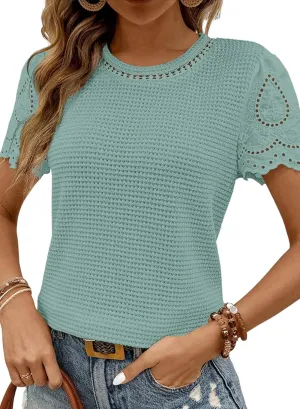 SHEWIN Womens Frenchy Summer Tops Crewneck Short Sleeve T Shirts Casual Waffle Knit Jacquard Blouses Top Shirts