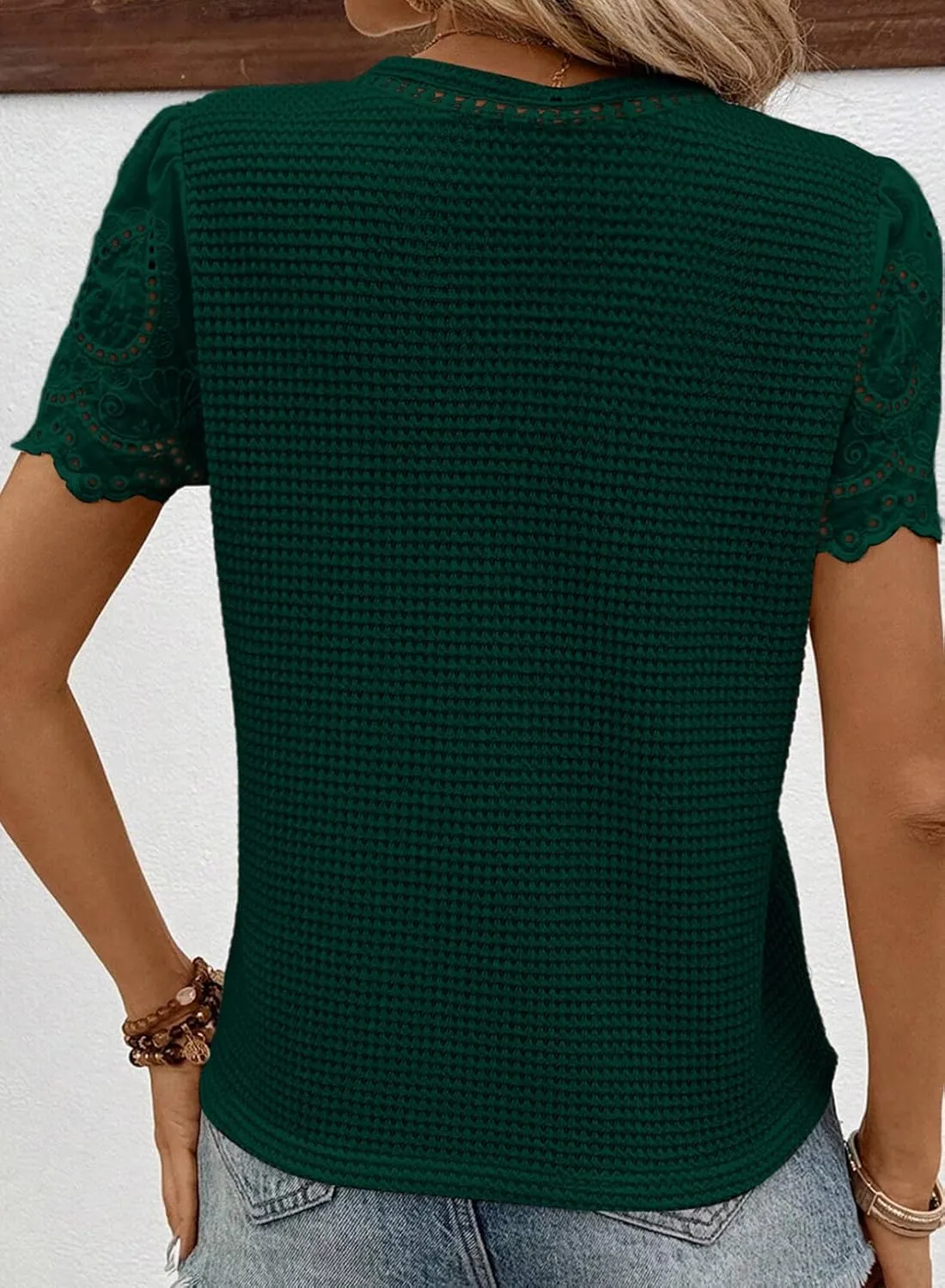 SHEWIN Womens Frenchy Summer Tops Crewneck Short Sleeve T Shirts Casual Waffle Knit Jacquard Blouses Top Shirts