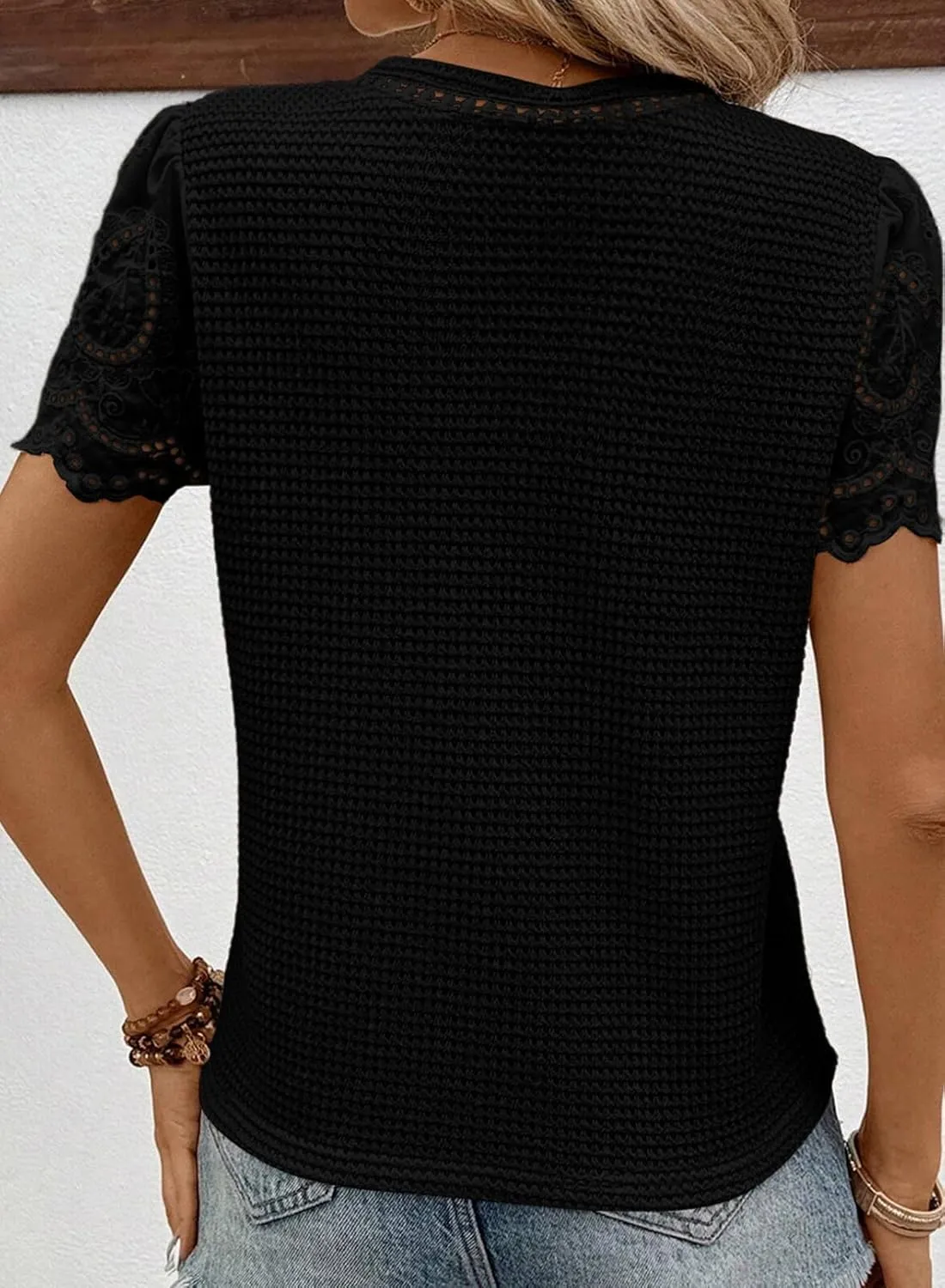 SHEWIN Womens Frenchy Summer Tops Crewneck Short Sleeve T Shirts Casual Waffle Knit Jacquard Blouses Top Shirts