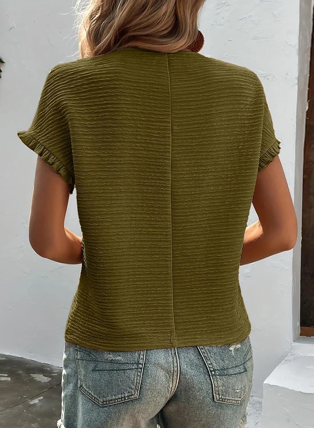 SHEWIN Womens Summer Tops Crewneck Short Sleeve T Shirts Casual Textured Work Shirt Loose Blouses