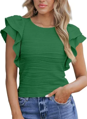 SHEWIN Womens Tops Casual Crewneck Ruffle Short Sleeve T Shirts Slim Fit Dressy Blouses