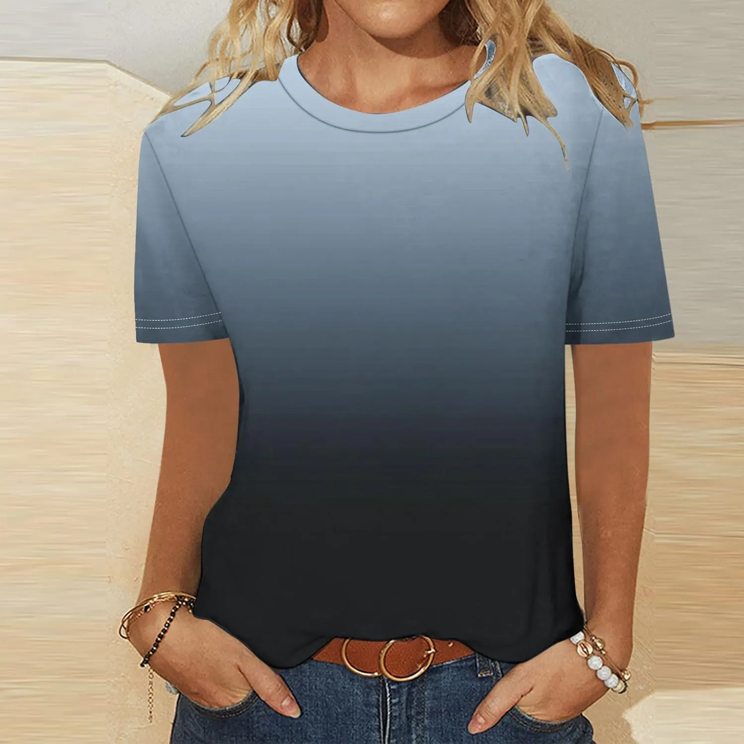 Short Sleeve Tshirt Shirts for Women Trendy Crew Neck Tie Dye Gradient Print Causal Blouses Ladies Cute Summer Tops