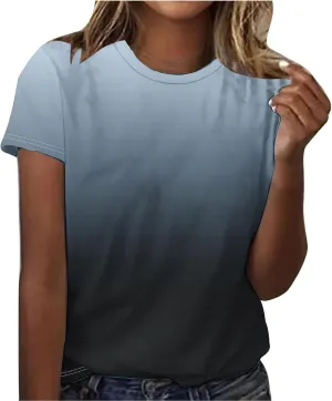 Short Sleeve Tshirt Shirts for Women Trendy Crew Neck Tie Dye Gradient Print Causal Blouses Ladies Cute Summer Tops