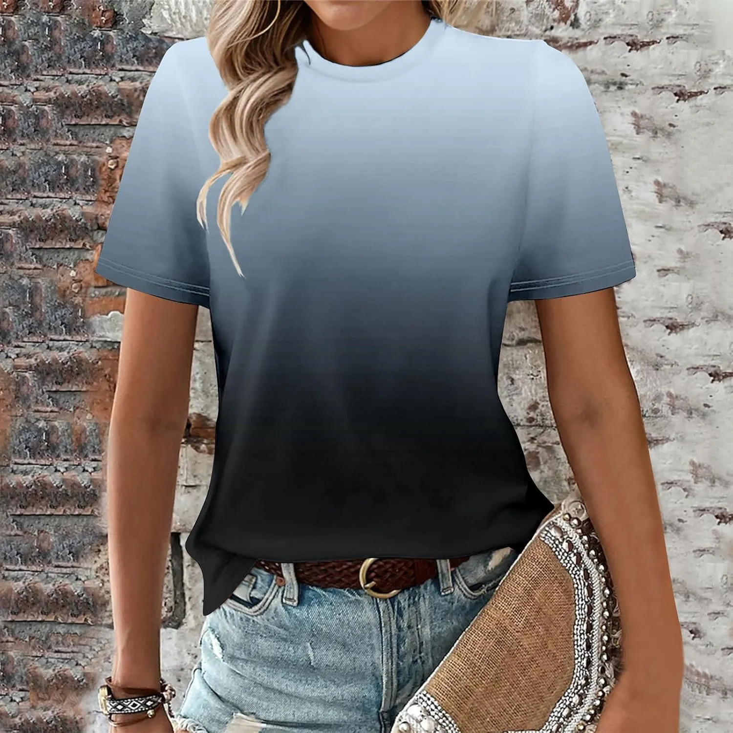 Short Sleeve Tshirt Shirts for Women Trendy Crew Neck Tie Dye Gradient Print Causal Blouses Ladies Cute Summer Tops