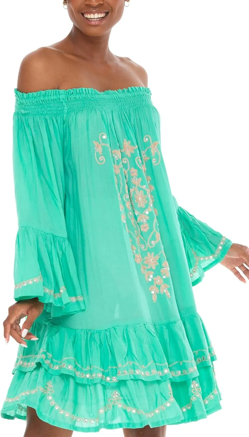 SHU-SHI Embroidered Sundress Short Off Shoulder Dresses for Women Bell Sleeve Boho Top