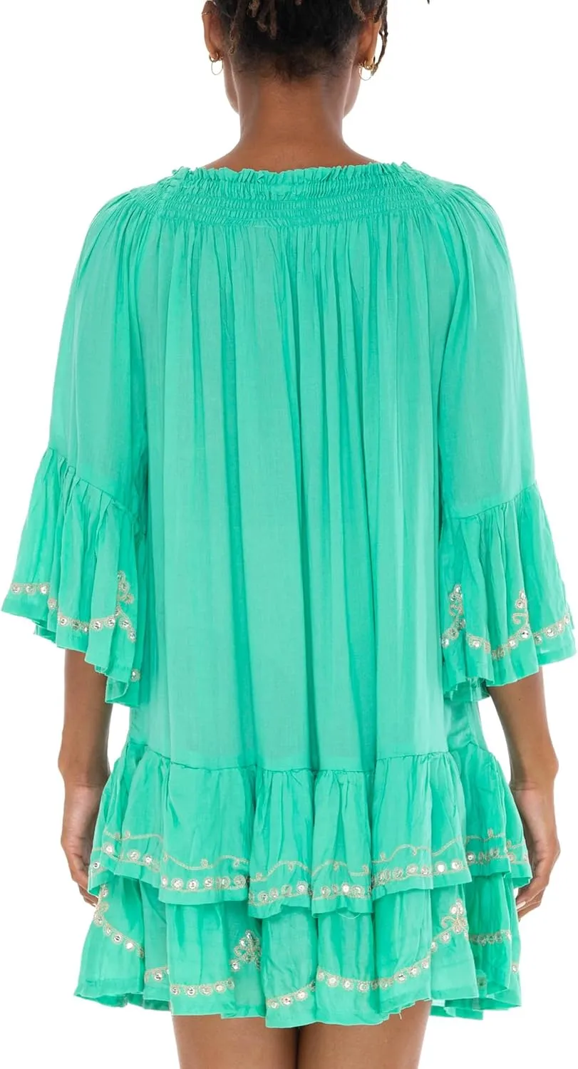 SHU-SHI Embroidered Sundress Short Off Shoulder Dresses for Women Bell Sleeve Boho Top